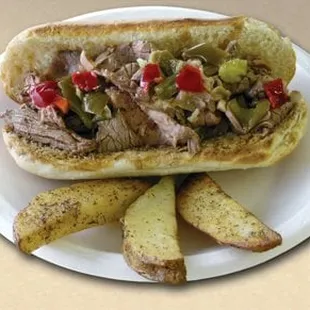 a steak sandwich and potato wedges