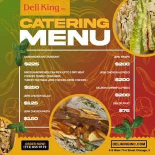 the menu for the deli king catering menu