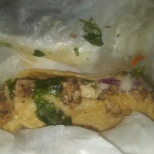 Jerk chicken tacos...delish but I guess you have to ask for sauce and pay they don&apos;t ask if you want sauce...so dryyyyy