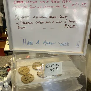 Daily special board and fresh cookies