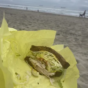 Fat turkey sandwich at the beach. So yummy! Fries were amazing. Seasoned perfectly with salt and pepper !