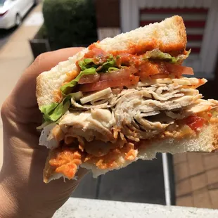 a hand holding a sandwich