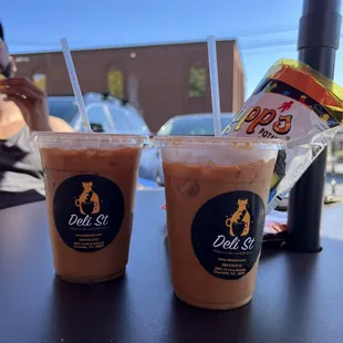 Caramel and vanilla lattes with an extra shot