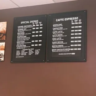 The beverage menu for coffee