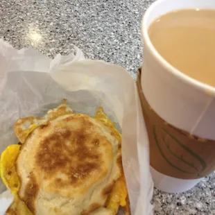 Fried egg and cheese on English muffin.