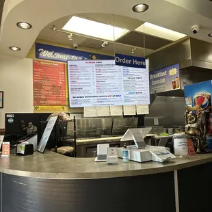 a counter with menus on it