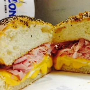 Ham, Eggs and Cheese served on a Poppy seeds Kaiser roll.