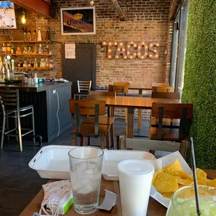 a table with food and drinks
