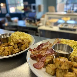 Breakfast special: roasted potatoes, crispy bacon, and eggs your way. Start your day right!