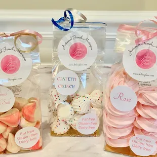 French Meringues; rose, caramel pink salt and Confetti Crunch