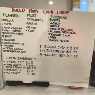 a menu on a white board