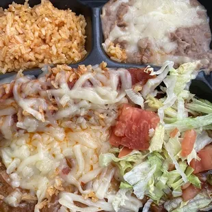 Chilli relleno, flautas, Spanish rice and charro beans
