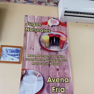 a menu of juices and beverages