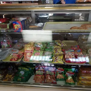 a display case filled with food