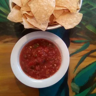 Delicias Cafe: chips were fine. Salsa was tomato type with cilantro. Nothing special. Give it a &quot;B-.&quot;