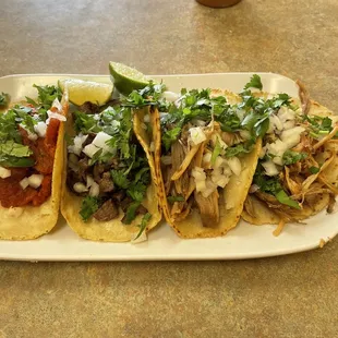 Chicharron, asada, carnitas tacos