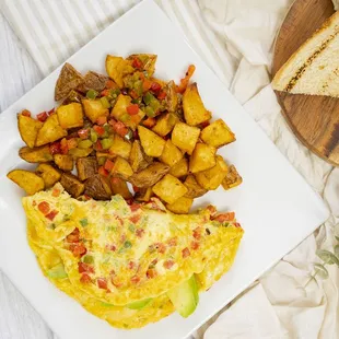 an omelet and potatoes