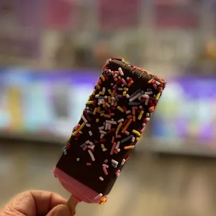 a hand holding a chocolate and sprinkled ice cream bar