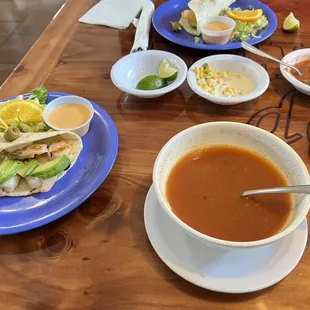 Shrimp taco, fish soup