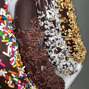 chocolate dipped donuts with sprinkles