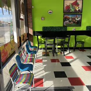 colorful chairs and tables