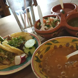 $5.30, two tacos with salsa and chicken pasta soup!