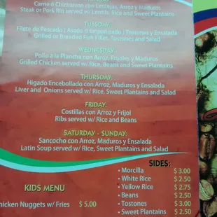 Daily specials. Kids menu. Sides Not thrilled I came on a liver and onion Thursday.. Great Grandma Gladys might feel different.