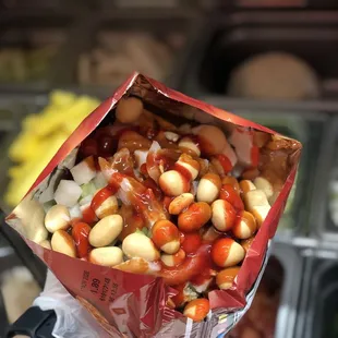 Dorilocos (doritos pork rinds peanuts cucumber)