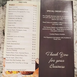 Pasteries menu