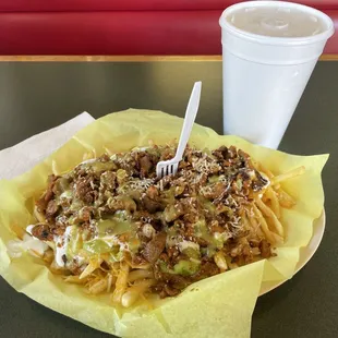 Adobada Fries with a large Horchata