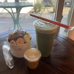 PB açaí bowl, green juice, wellness shot