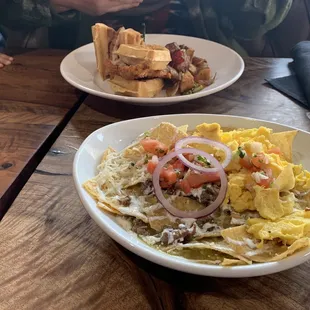 Chicken and waffles and chilequiles without the sausage