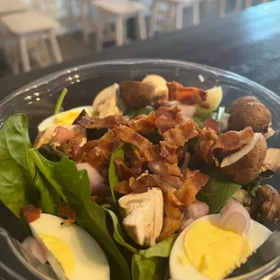 Spinach &amp; Mushroom Salad with Shallots, Hard Boiled Egg and Bacon