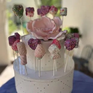 a cake decorated with lollipops