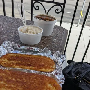 Seafood gumbo, rice and garlic bread on the patio