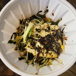 Yeolmoo Combo (comes with Korean dwenjang soup). This is before the rice was added. I&apos;m glad they packed the rice separately