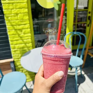 Strawberry, banana smoothie with added blueberries