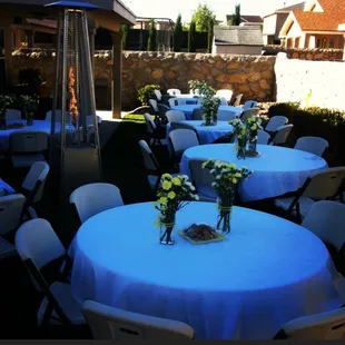 tables, chairs, linens,outside heaters