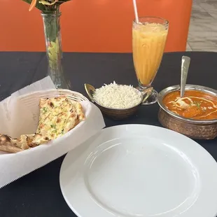 Garlic Nan, Mango Lassi, Chicken Tikka Masala.