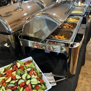 Mac n cheese, mashed potatoes, salad, chicken