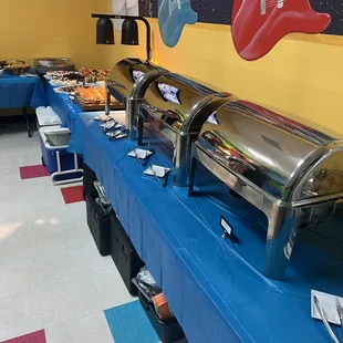 Pasta, sliders, deserts, fruits