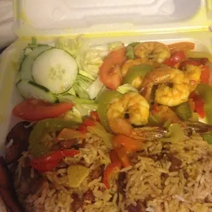 Curry Shrimp, Rice &amp; Peas, Sweet Plantains w/ Salad (All this food for $11.00) I just wish the Curry was more spicy.