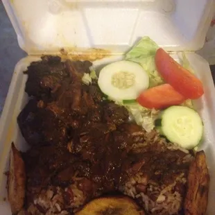 Brown Stew Chicken, Rice &amp; Peas, Sweet Plantains w/ Salad (All this food for $8.50)