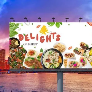 a billboard with a picture of a variety of food items