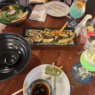 a table with food and drinks