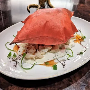12/20/22 Dungeness Crab Rangoon - Cream Cheese Mousse, Sweet Chili Sauce, Puffy Cracker