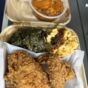 White meat combo with Mac n Cheese collard greens and candied Yams