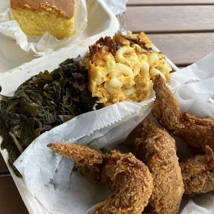 3 wing platter includes collards, mac &amp; cheese, and cornbread