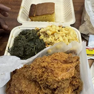 Fried Chicken, Collard Greens, Mac &amp; Cheese, and Cornbread.