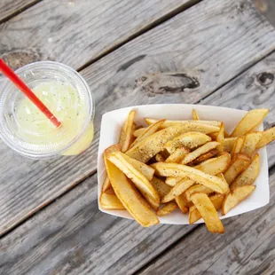 Fries with cucumber mint water